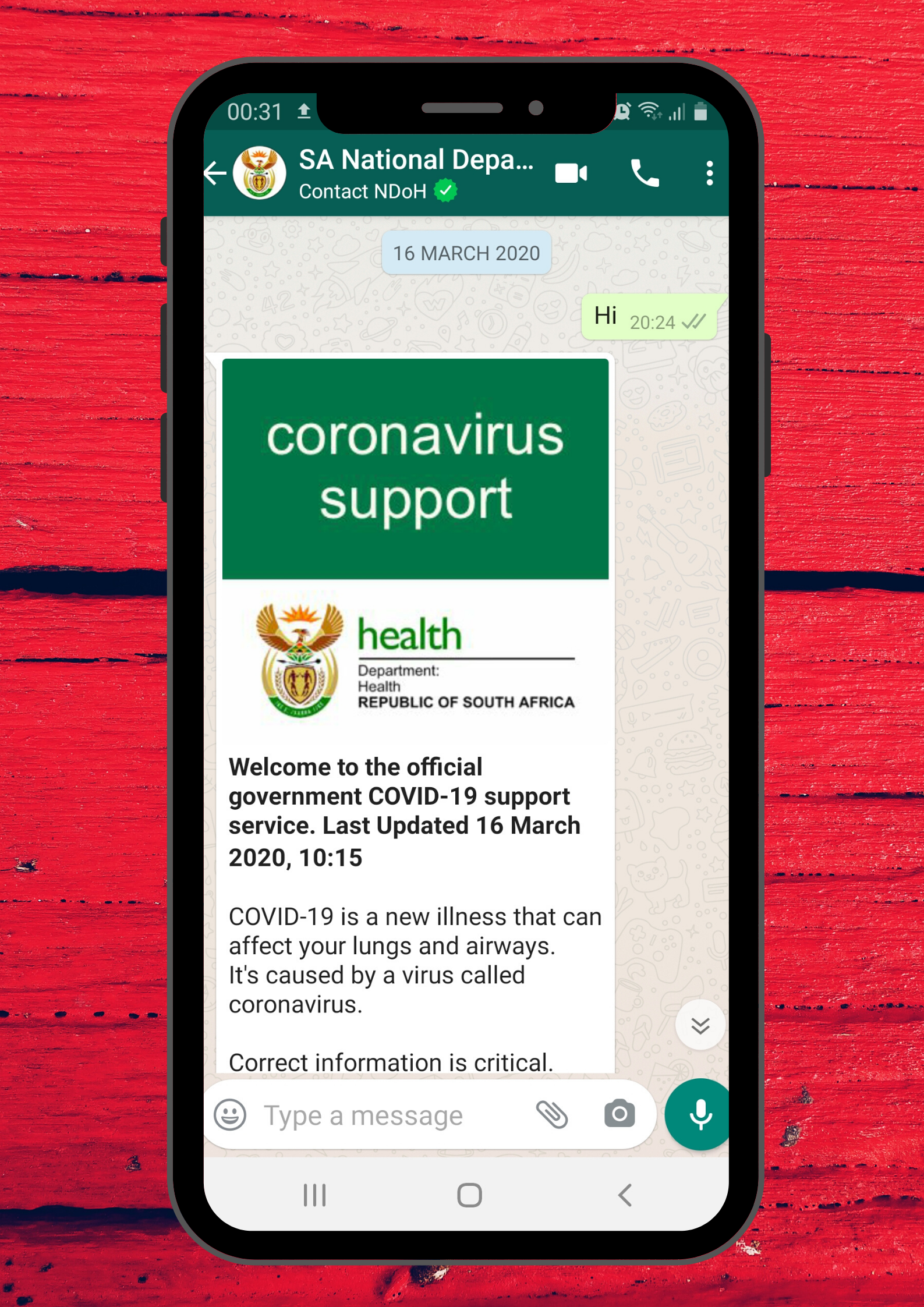 Stay informed on #COVID-19 by joining the South African Support WhatsApp Group. Send "Hi" to 0600123456